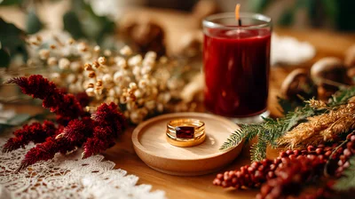 Gold Ring With Red Gemstone On Wooden Tray