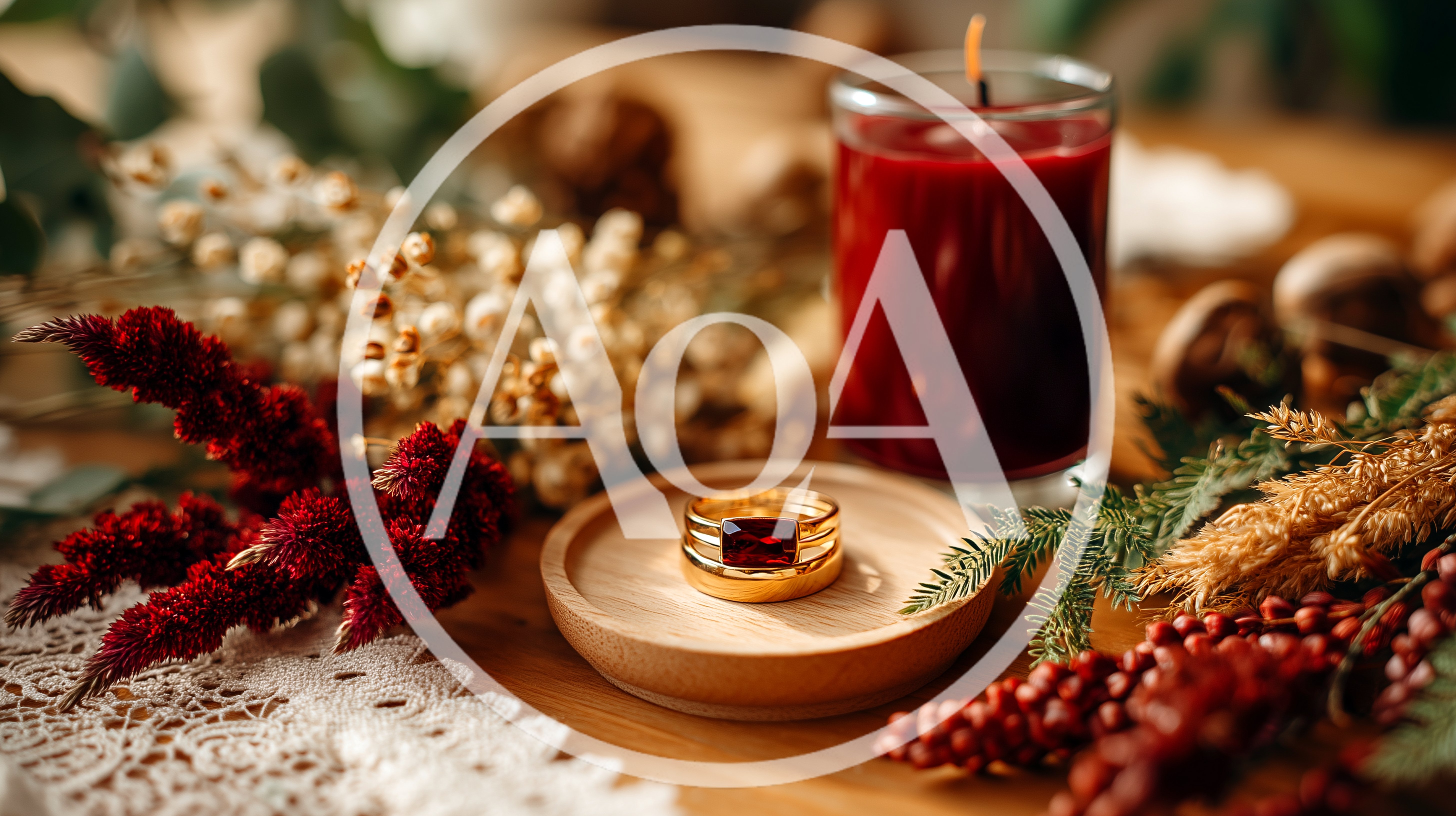 Gold Ring With Red Gemstone On Wooden Tray