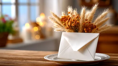 White Envelope With Dried Wheat Bouquet On Wooden Table