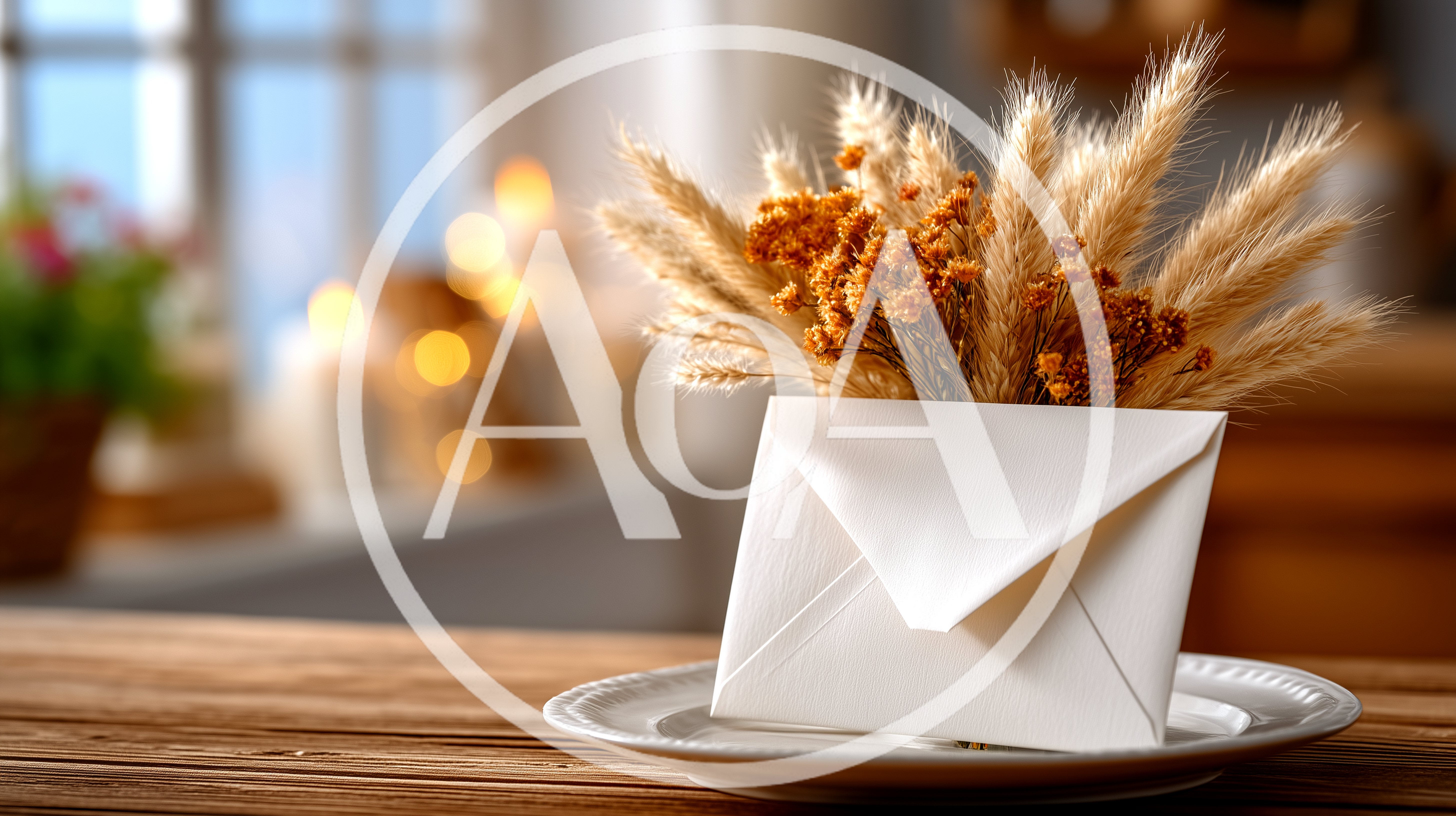 White Envelope With Dried Wheat Bouquet On Wooden Table