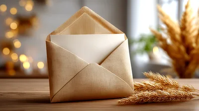 Open Envelope With Blank Card On Wooden Table