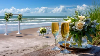 Champagne Flutes And Floral Bouquet On Beach Wedding Setup