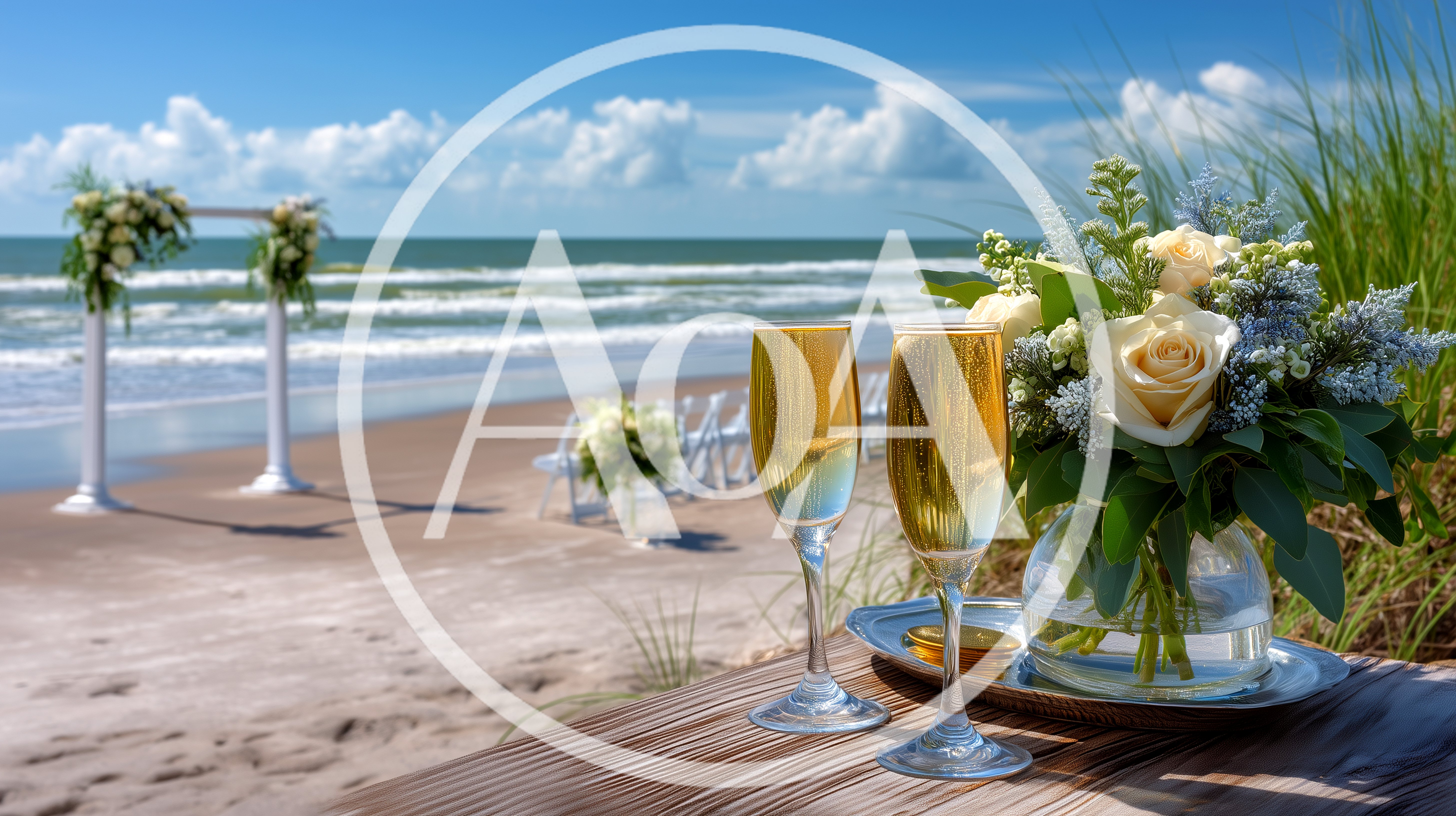 Champagne Flutes And Floral Bouquet On Beach Wedding Setup