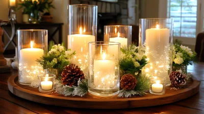 Christmas Centerpiece With Candles And Pinecones