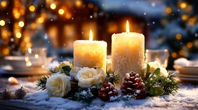 Two Lit Candles With Winter Floral Centerpiece