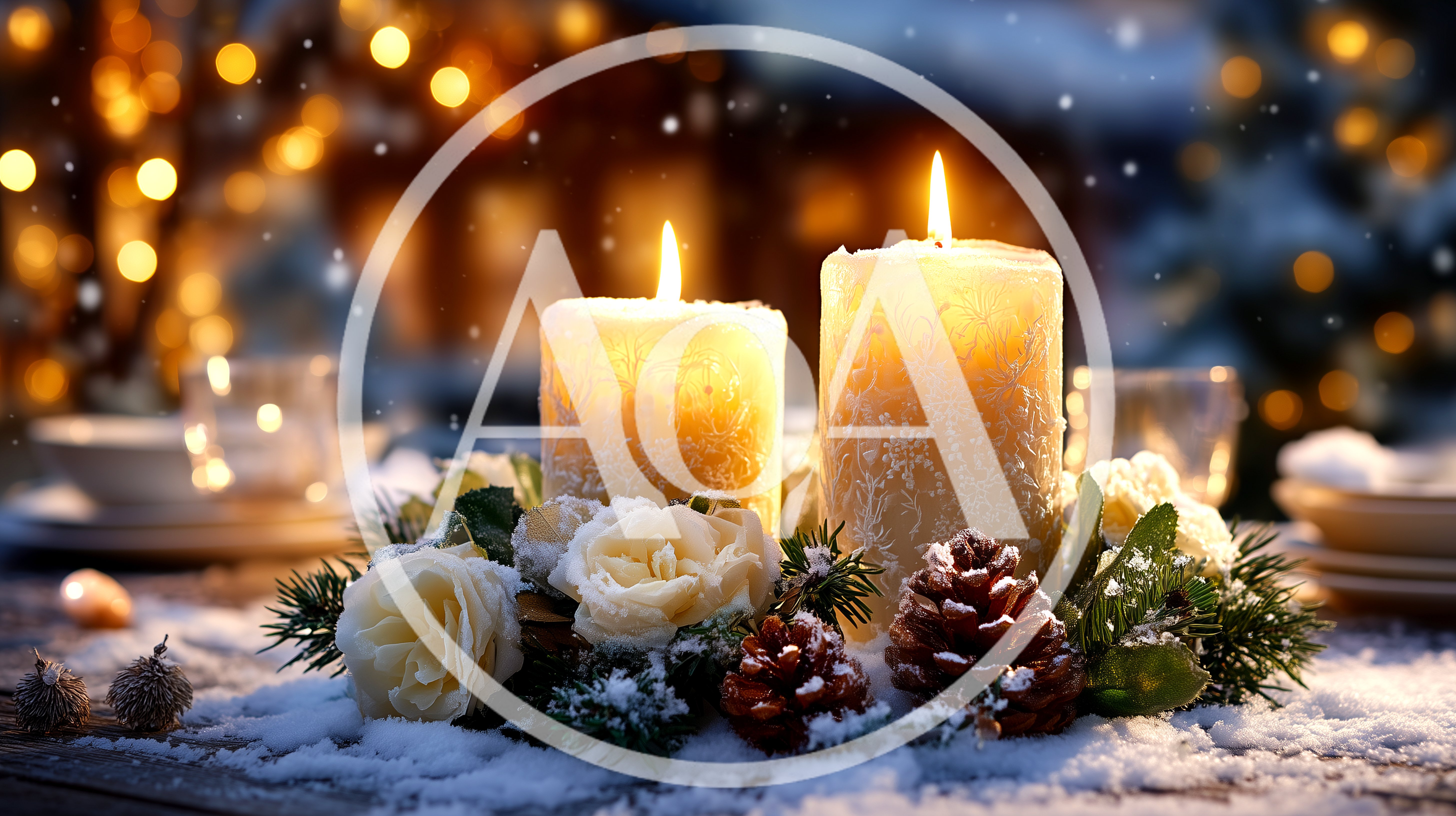 Two Lit Candles With Winter Floral Centerpiece