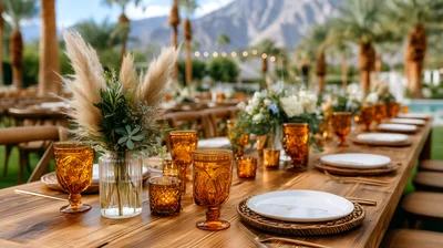 Outdoor Wedding Reception Table Setting With Amber Glassware