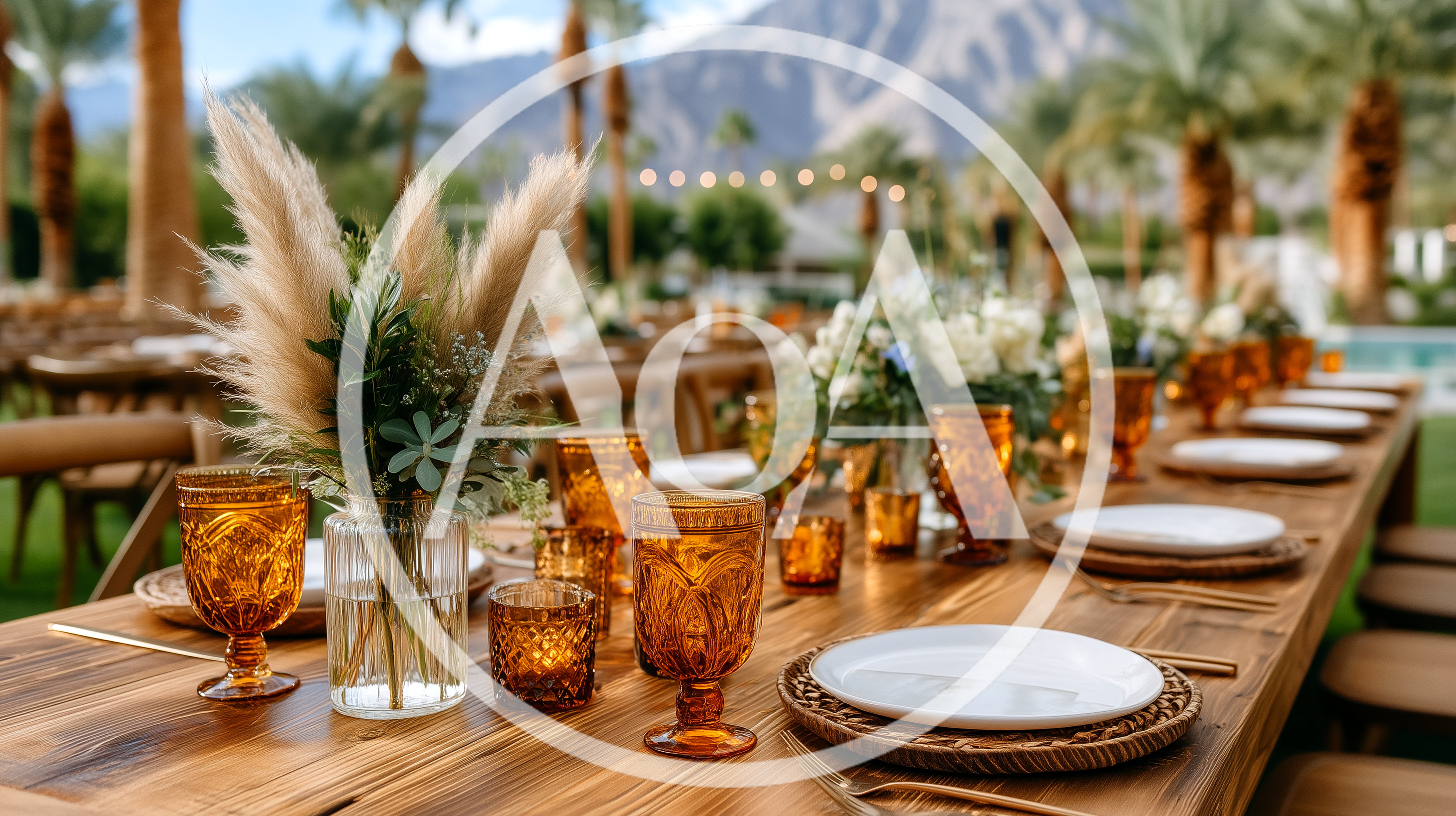 Outdoor Wedding Reception Table Setting With Amber Glassware