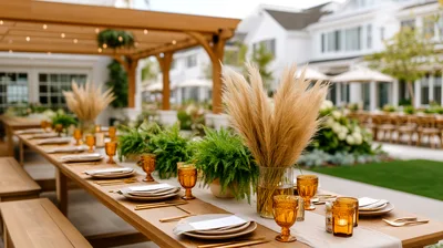 Outdoor Wedding Reception Table Setting With Pampas Grass