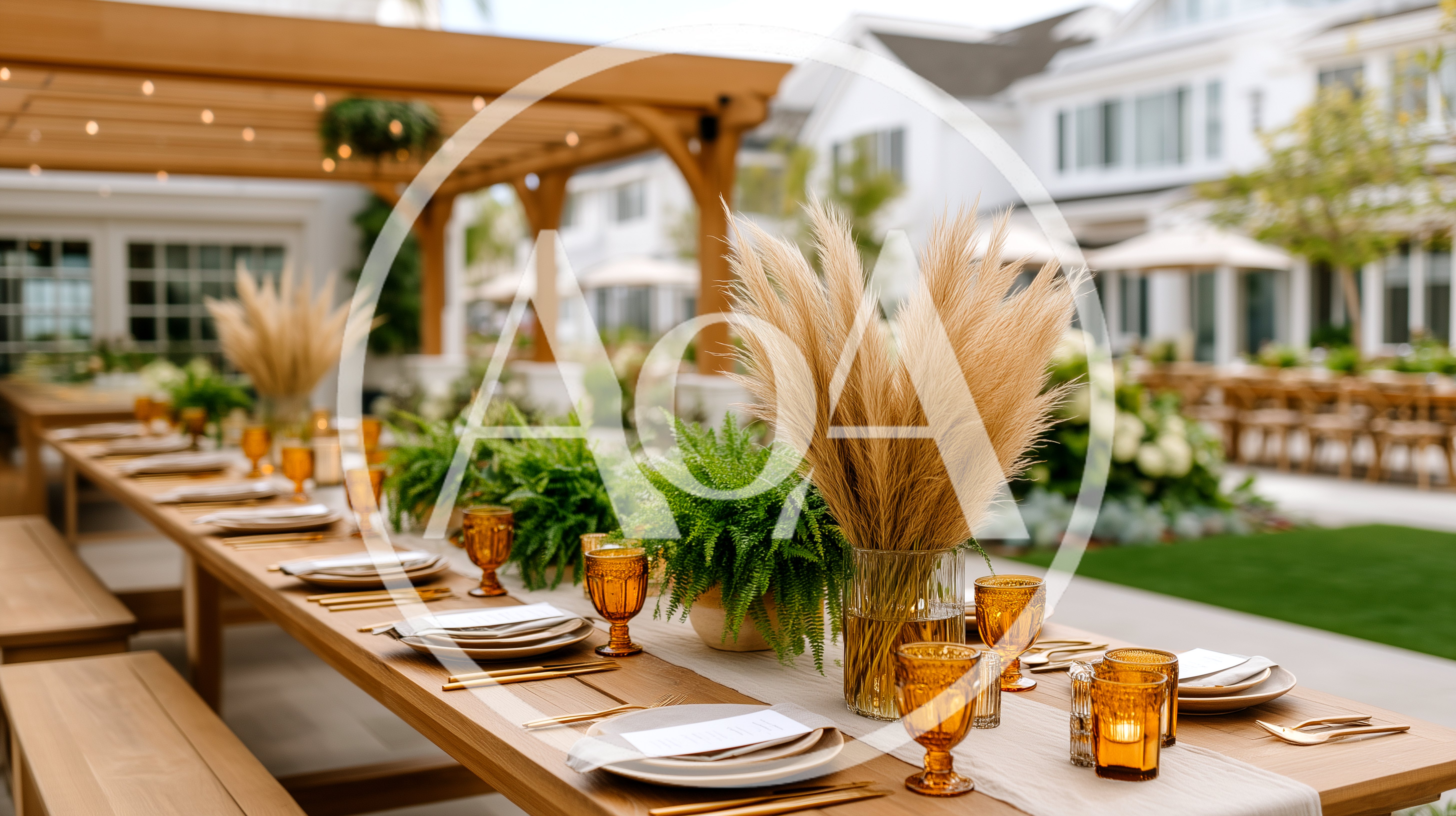 Outdoor Wedding Reception Table Setting With Pampas Grass