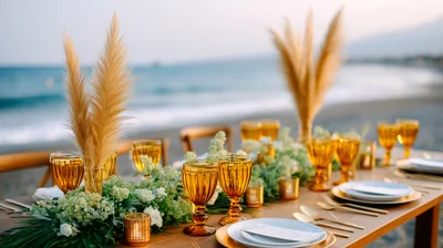 Elegant Beach Wedding Table Setting At Sunset