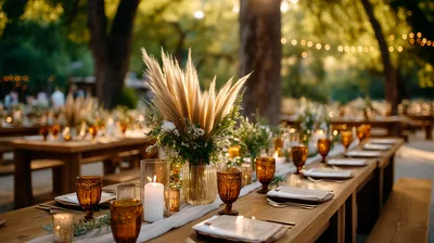 Outdoor Wedding Reception Table Setting With Pampas Grass