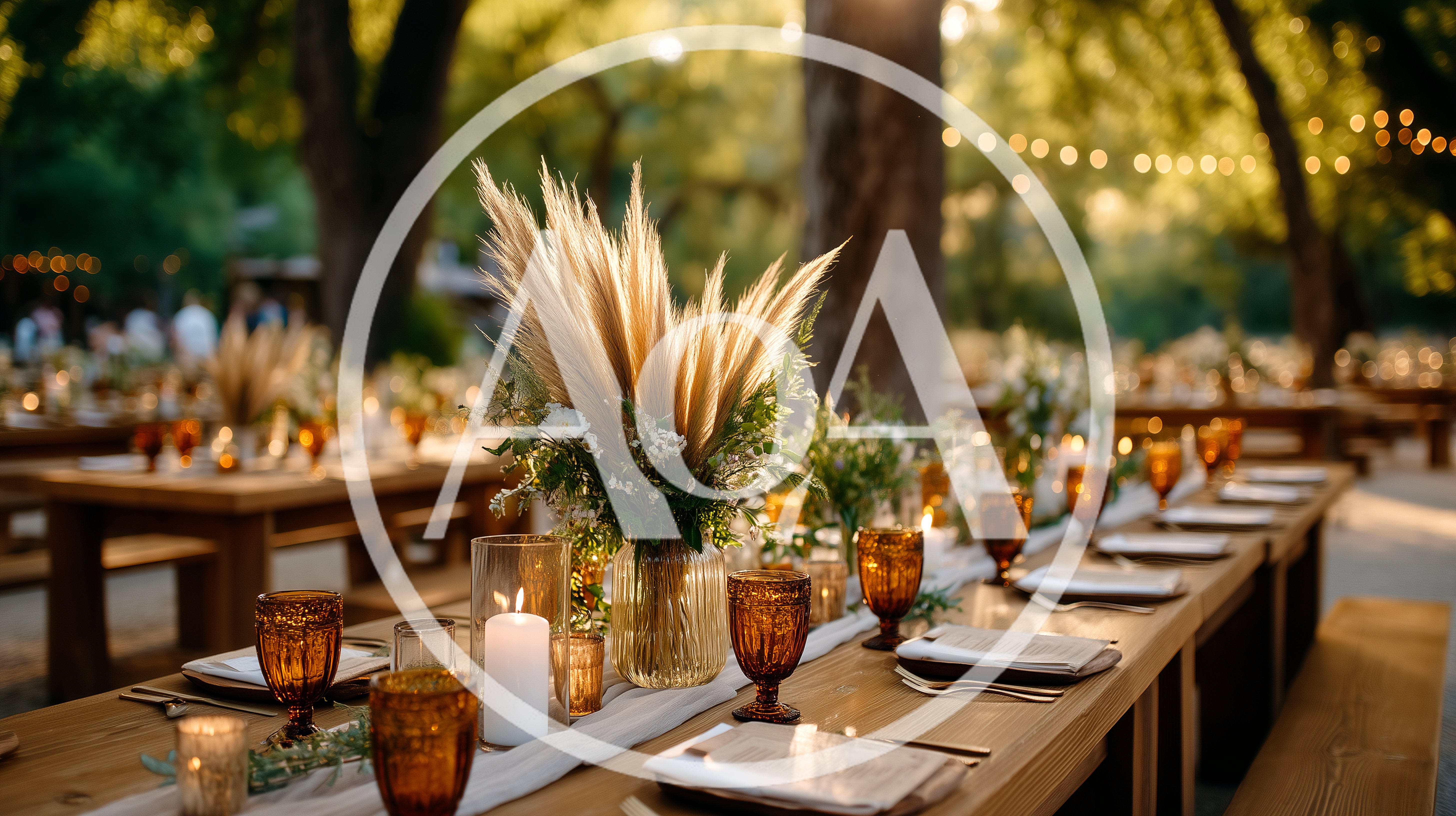 Outdoor Wedding Reception Table Setting With Pampas Grass