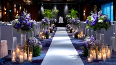Elegant Wedding Aisle Decorated With Purple Flowers And Candles