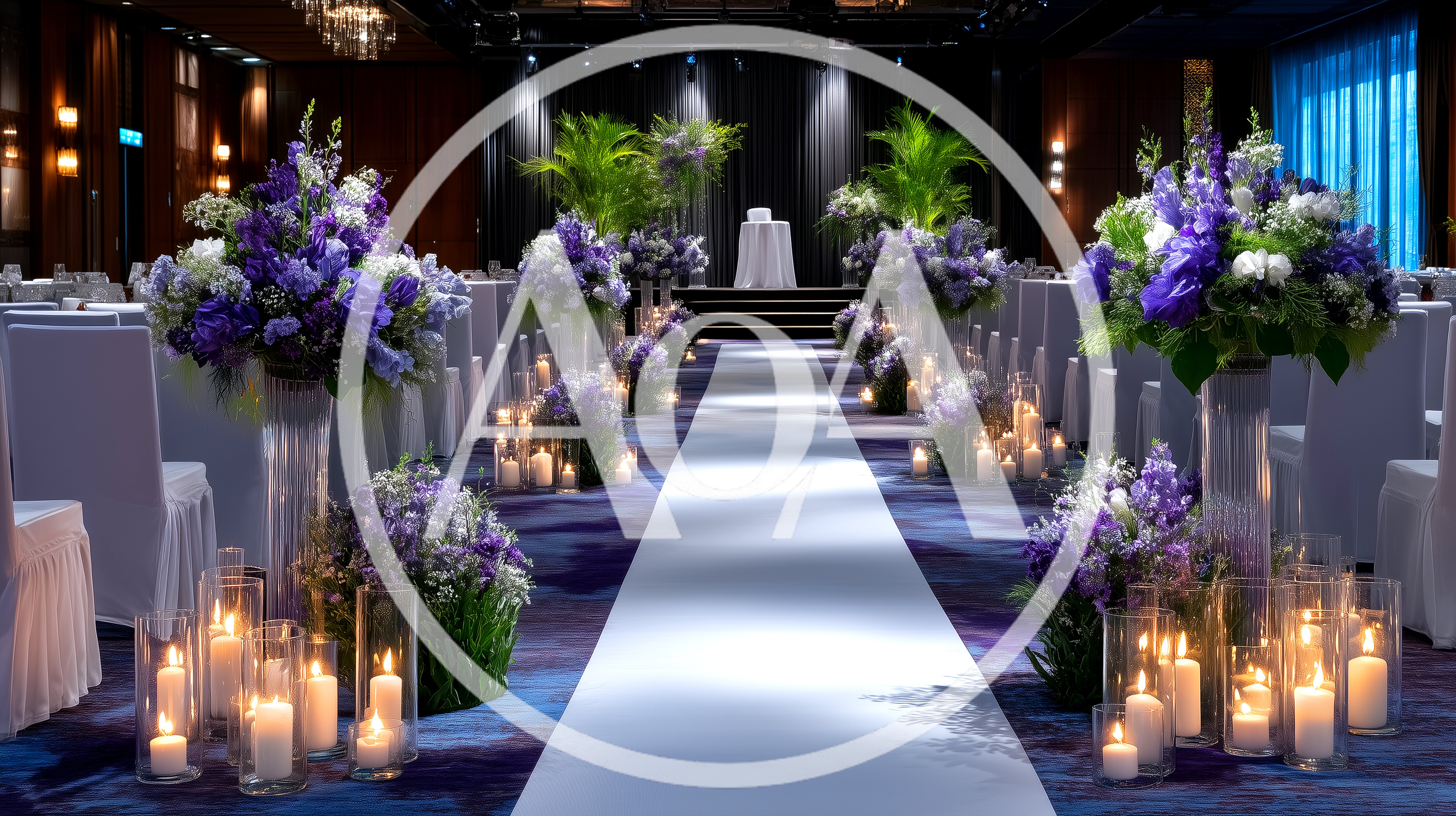 Elegant Wedding Aisle Decorated With Purple Flowers And Candles