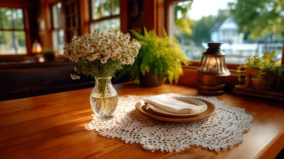 Cozy Table Setting With Flowers And Lace Doily