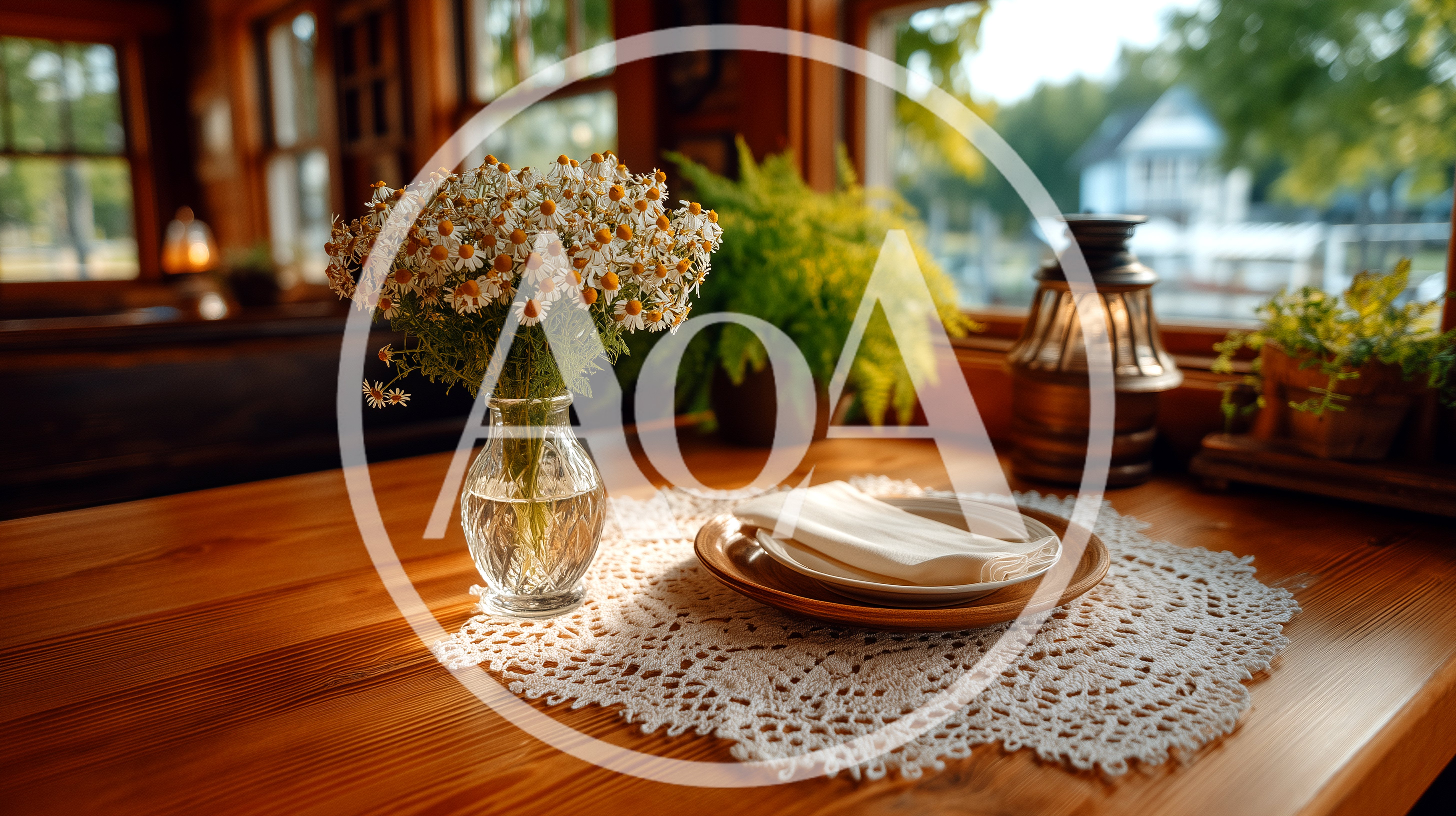 Cozy Table Setting With Flowers And Lace Doily
