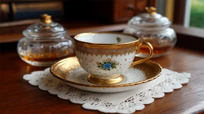 Elegant Porcelain Teacup And Saucer On A Doily