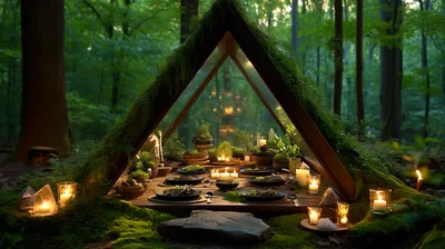 Enchanted Forest A-Frame Dining Setup With Candles