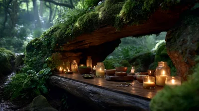 Candlelit Altar Setup Inside A Mossy Forest Log