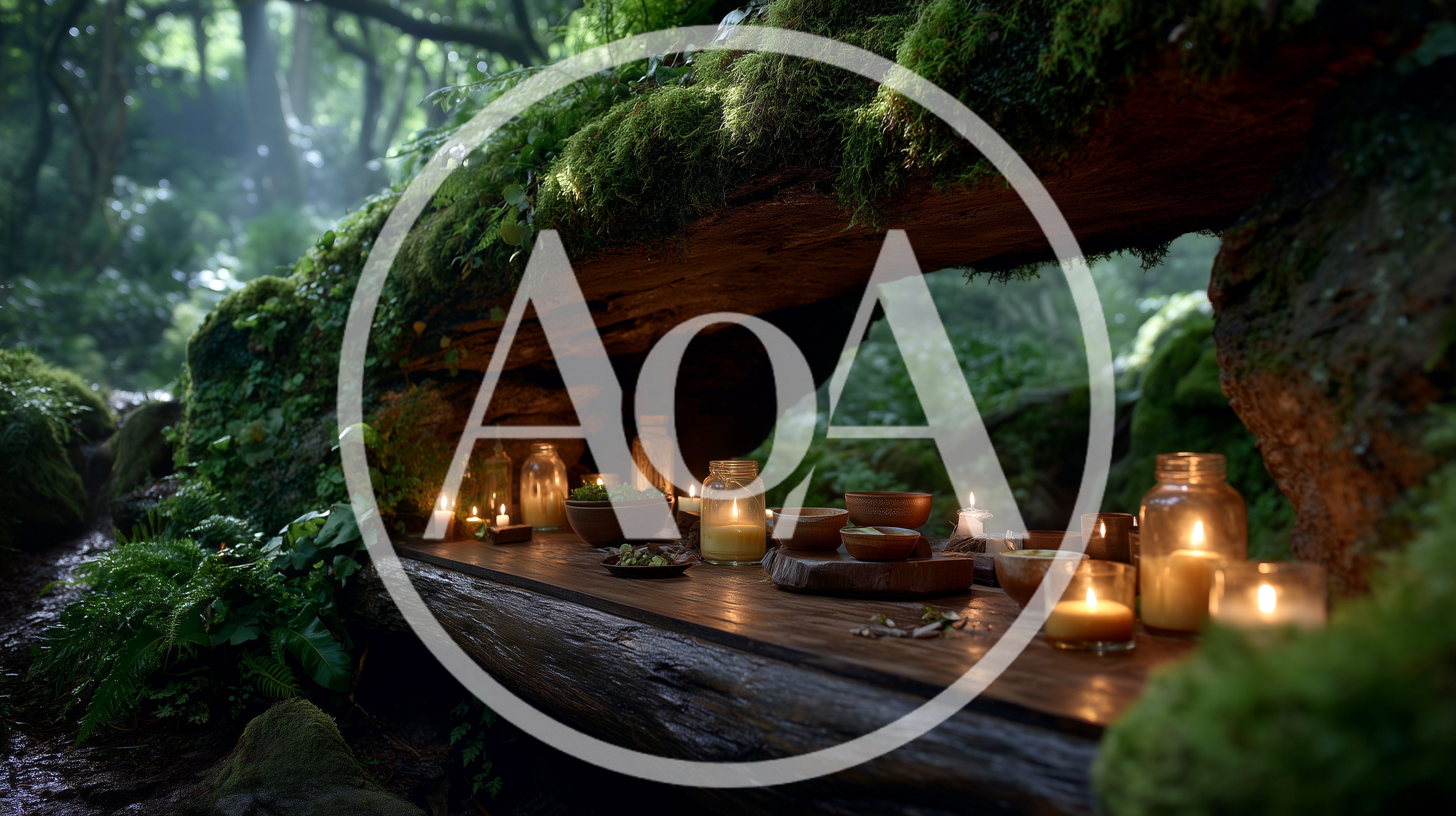 Candlelit Altar Setup Inside A Mossy Forest Log