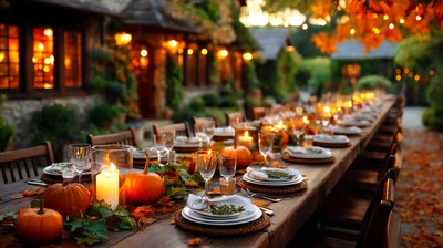Long Outdoor Thanksgiving Dinner Table With Pumpkins