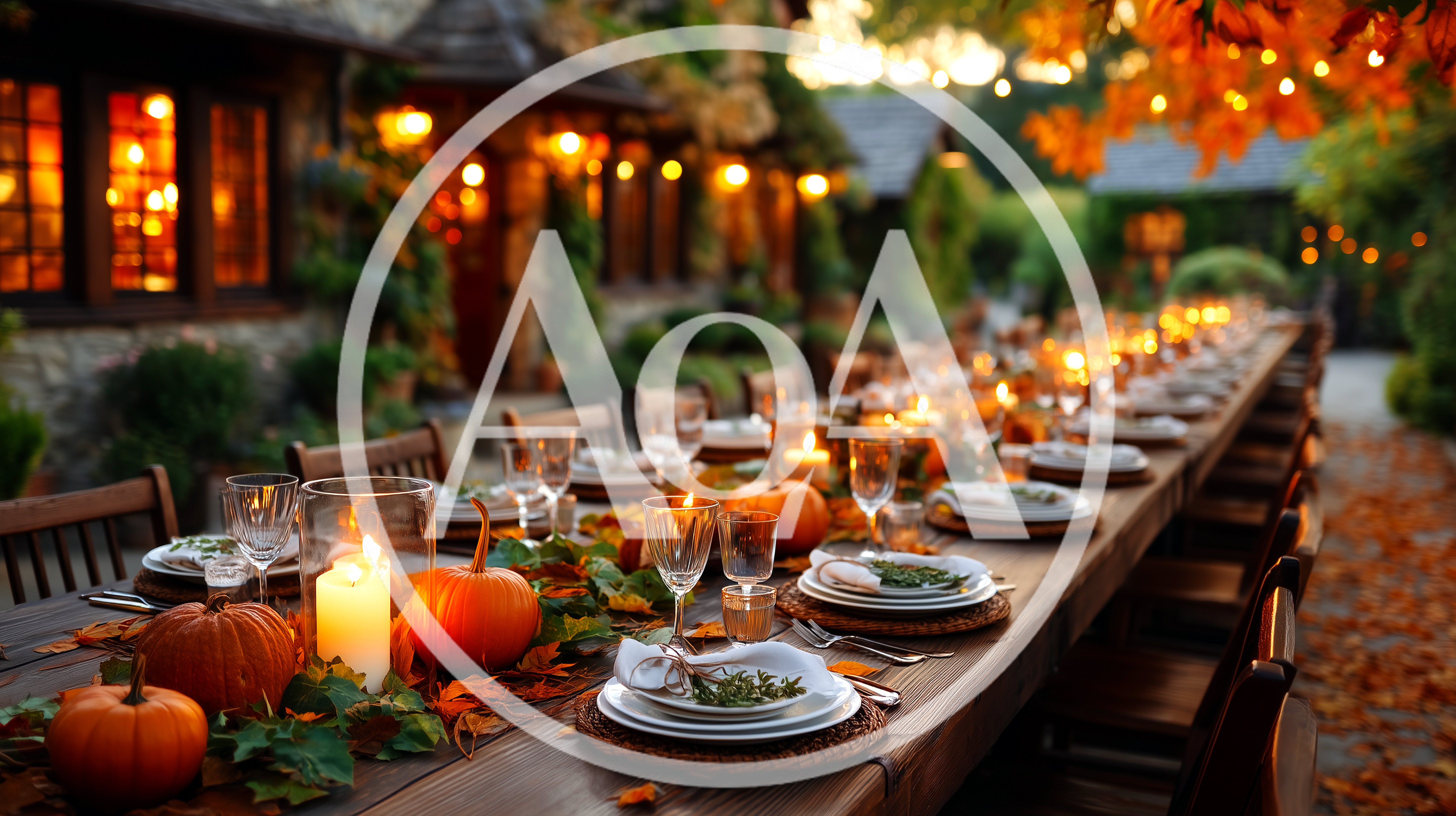 Long Outdoor Thanksgiving Dinner Table With Pumpkins
