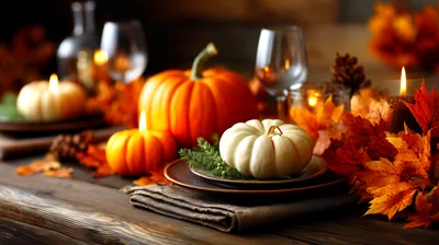 Autumn Thanksgiving Table Setting With Pumpkins And Candles
