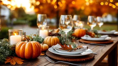 Autumnal Thanksgiving Table Setting With Pumpkins And Candles