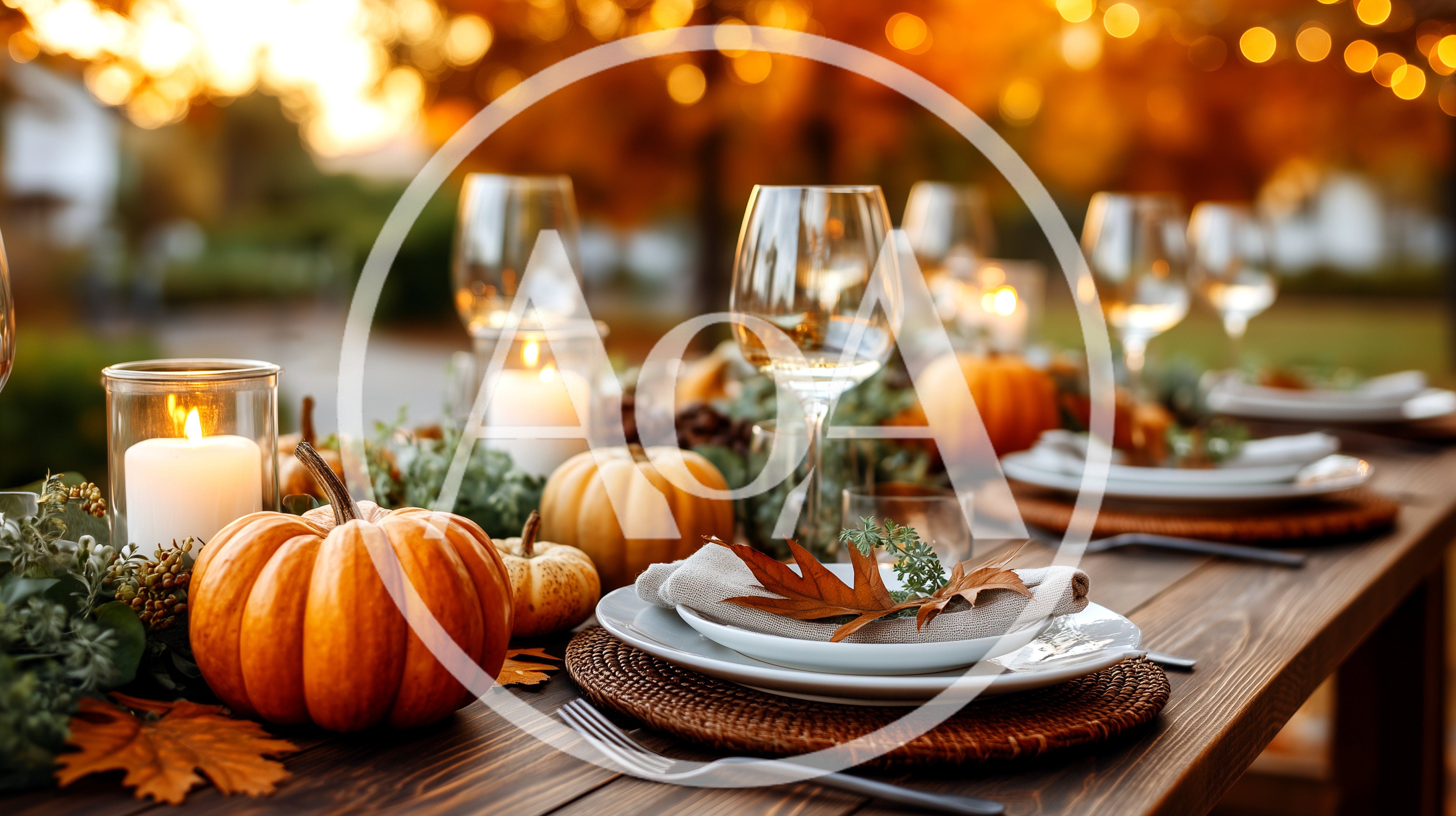 Autumnal Thanksgiving Table Setting With Pumpkins And Candles