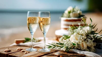 Two Champagne Flutes With Wedding Cake And Floral Bouquet
