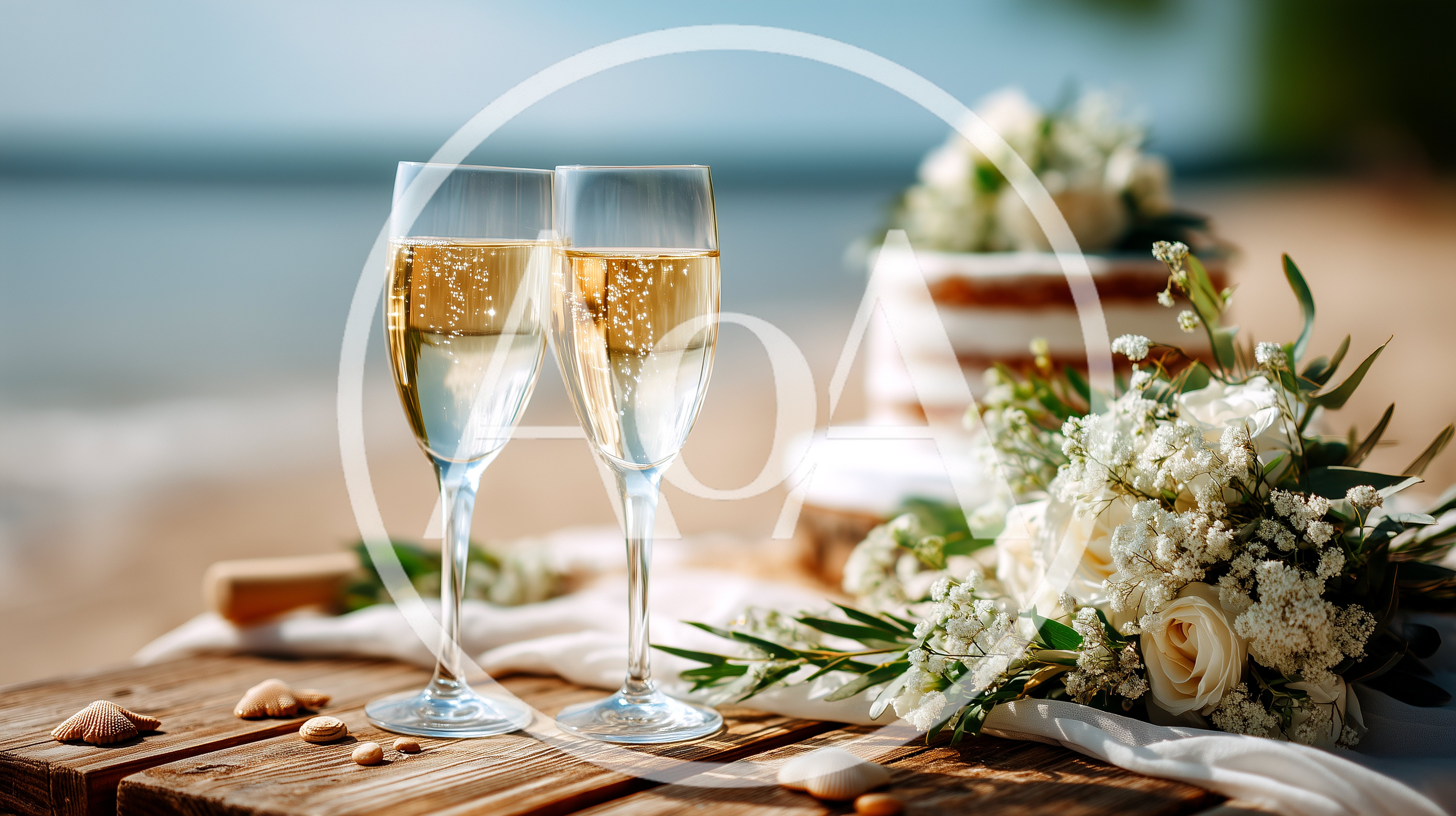 Two Champagne Flutes With Wedding Cake And Floral Bouquet