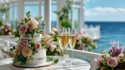 Wedding Cake And Champagne Flutes On Oceanfront Terrace