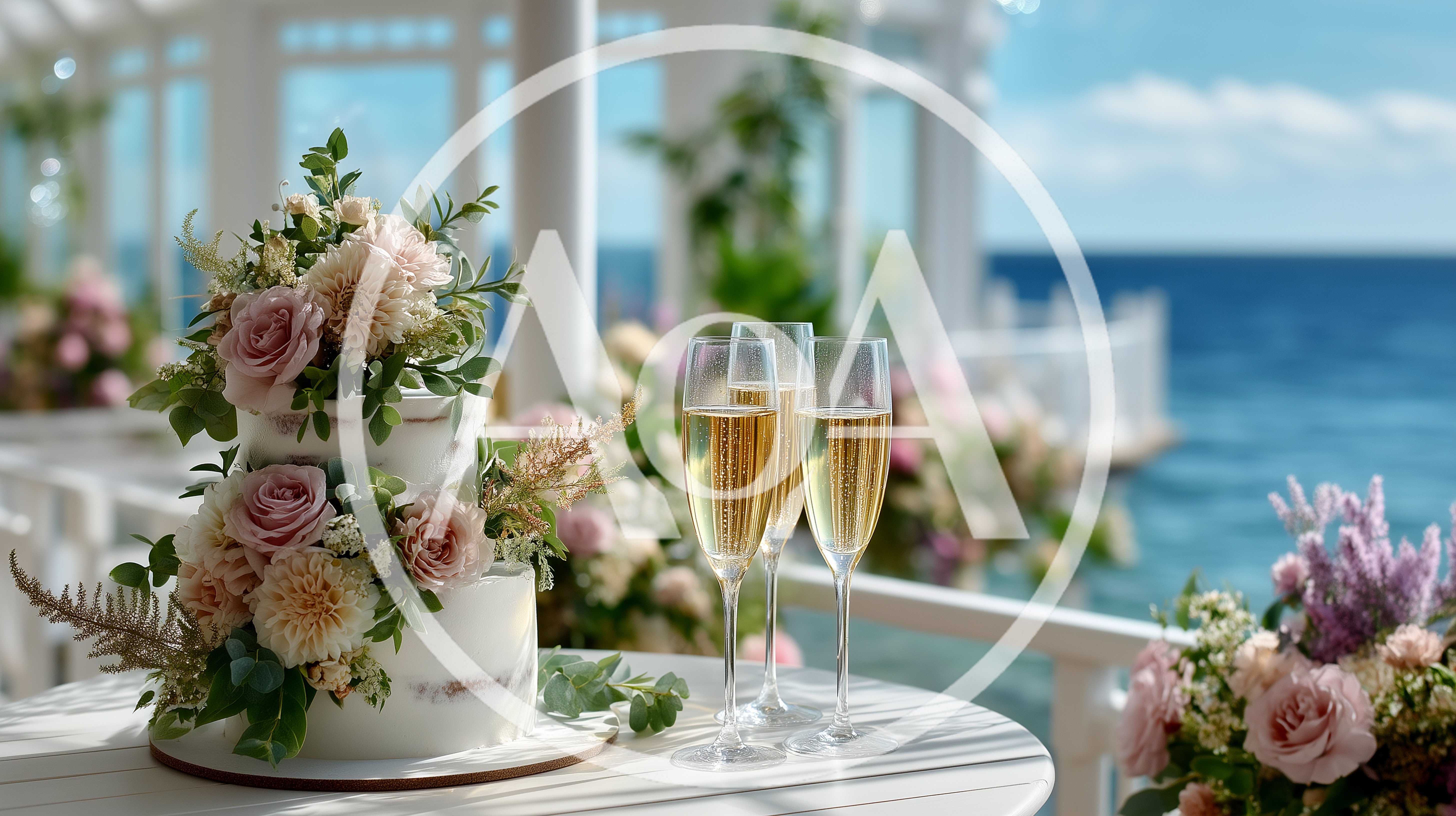 Wedding Cake And Champagne Flutes On Oceanfront Terrace