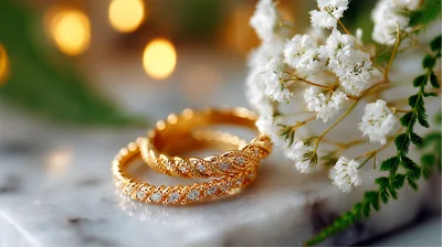 Two Gold Diamond Wedding Rings With White Flowers