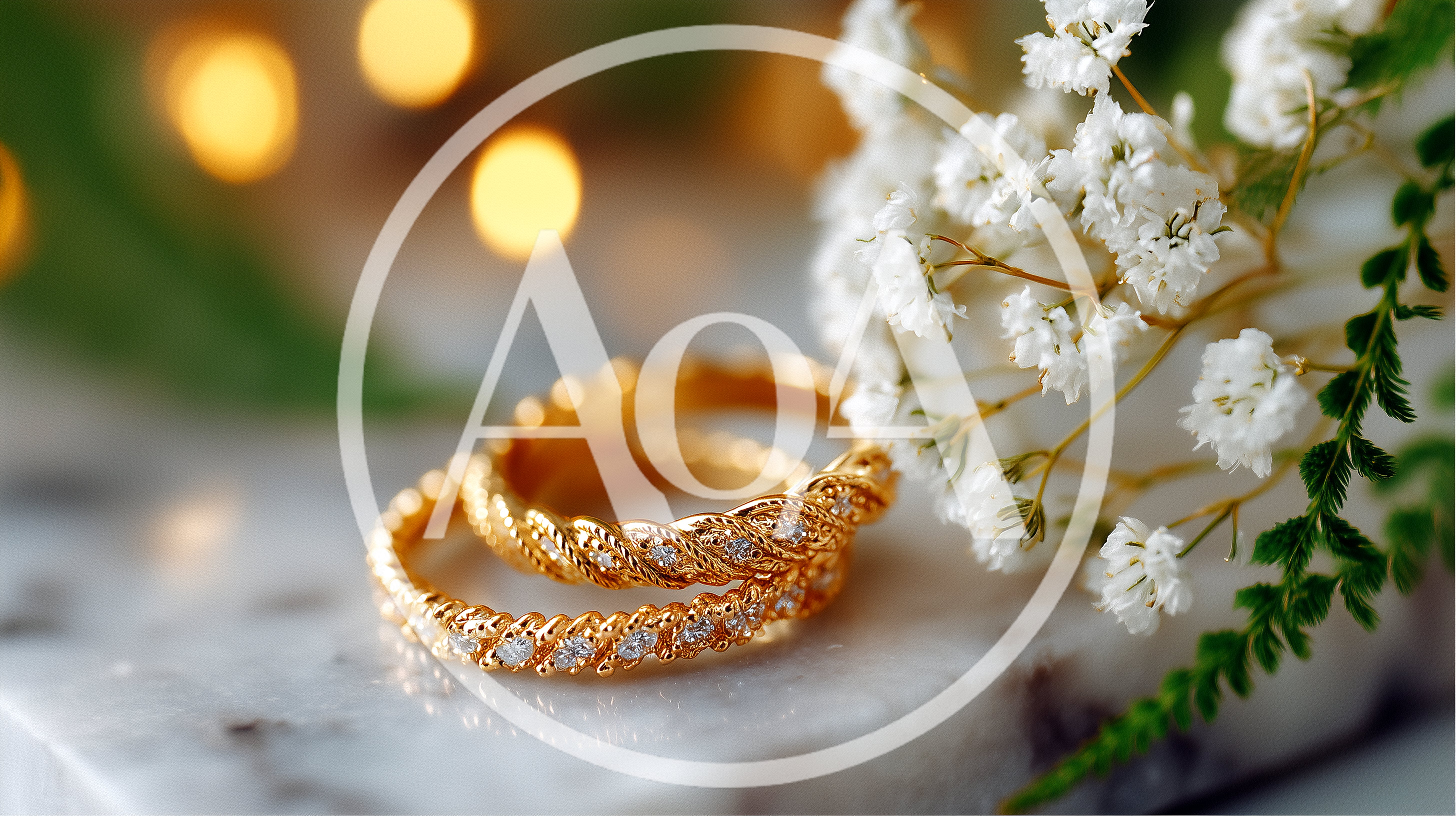 Two Gold Diamond Wedding Rings With White Flowers
