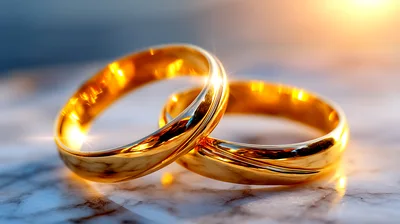 Two Interlocked Gold Wedding Rings On Marble Surface