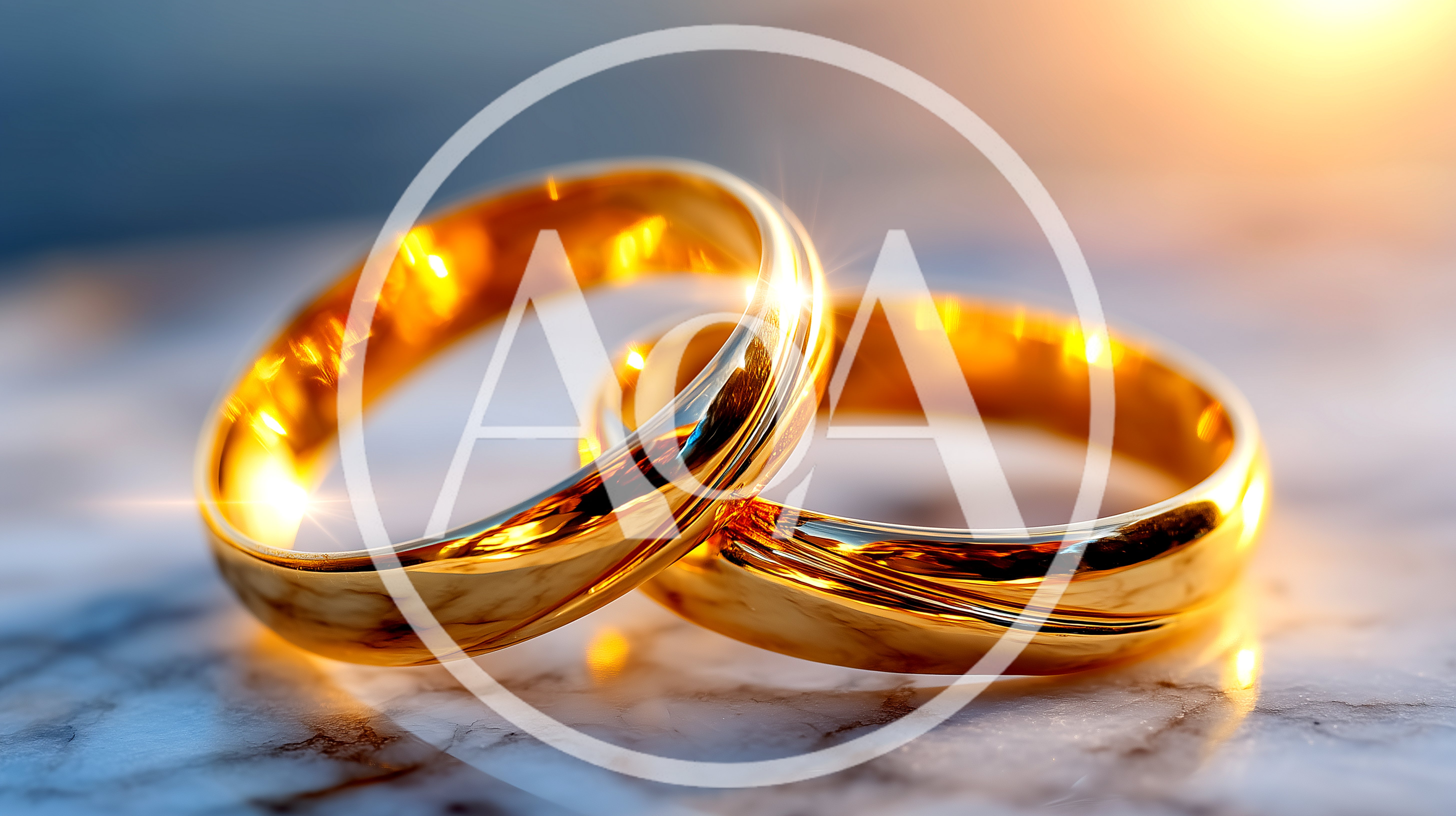 Two Interlocked Gold Wedding Rings On Marble Surface