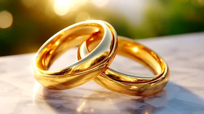 Two Interlocked Gold Wedding Rings On Marble Surface