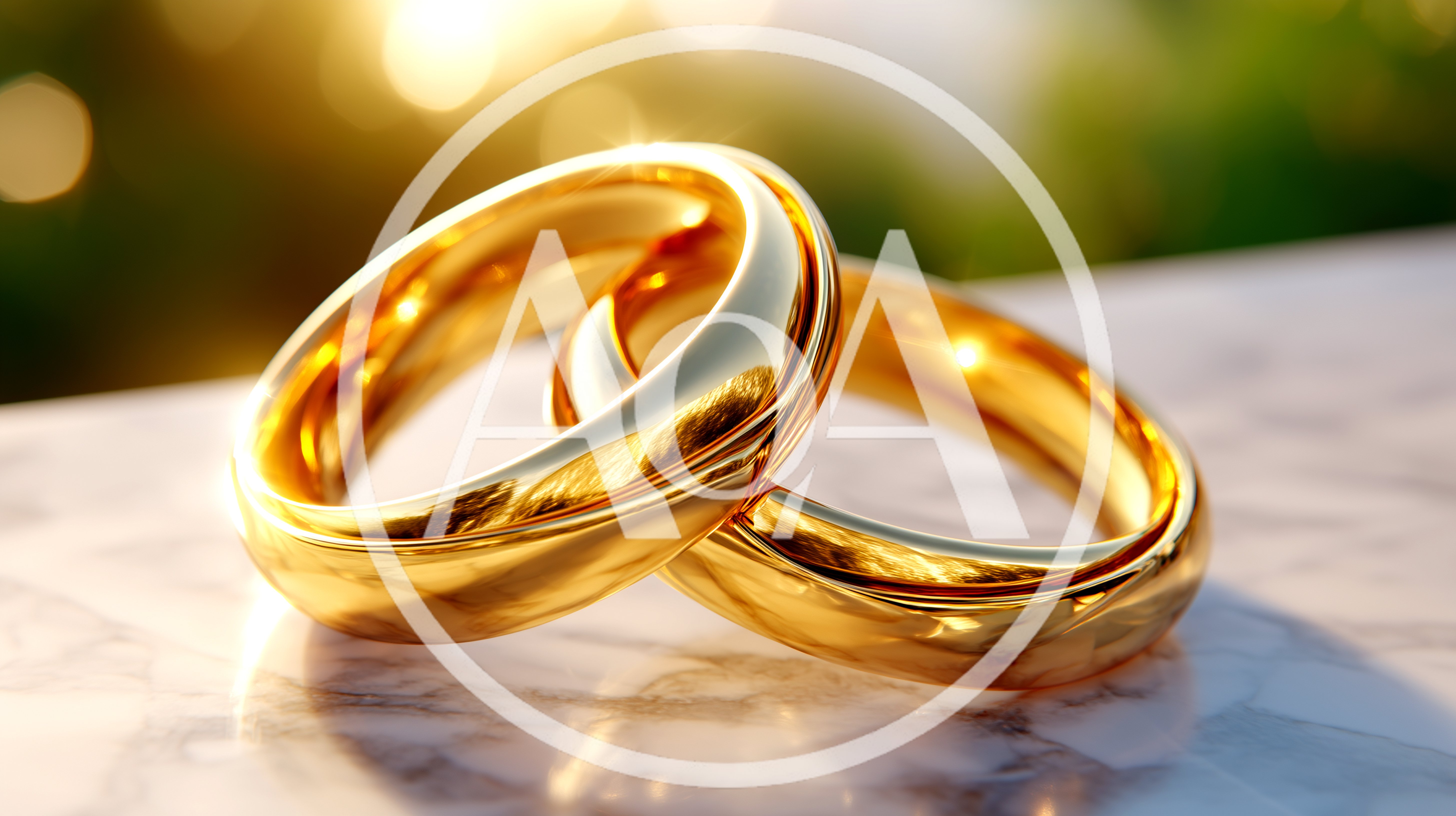 Two Interlocked Gold Wedding Rings On Marble Surface
