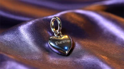 Silver Heart Pendant With Forever Engraving On Purple Silk