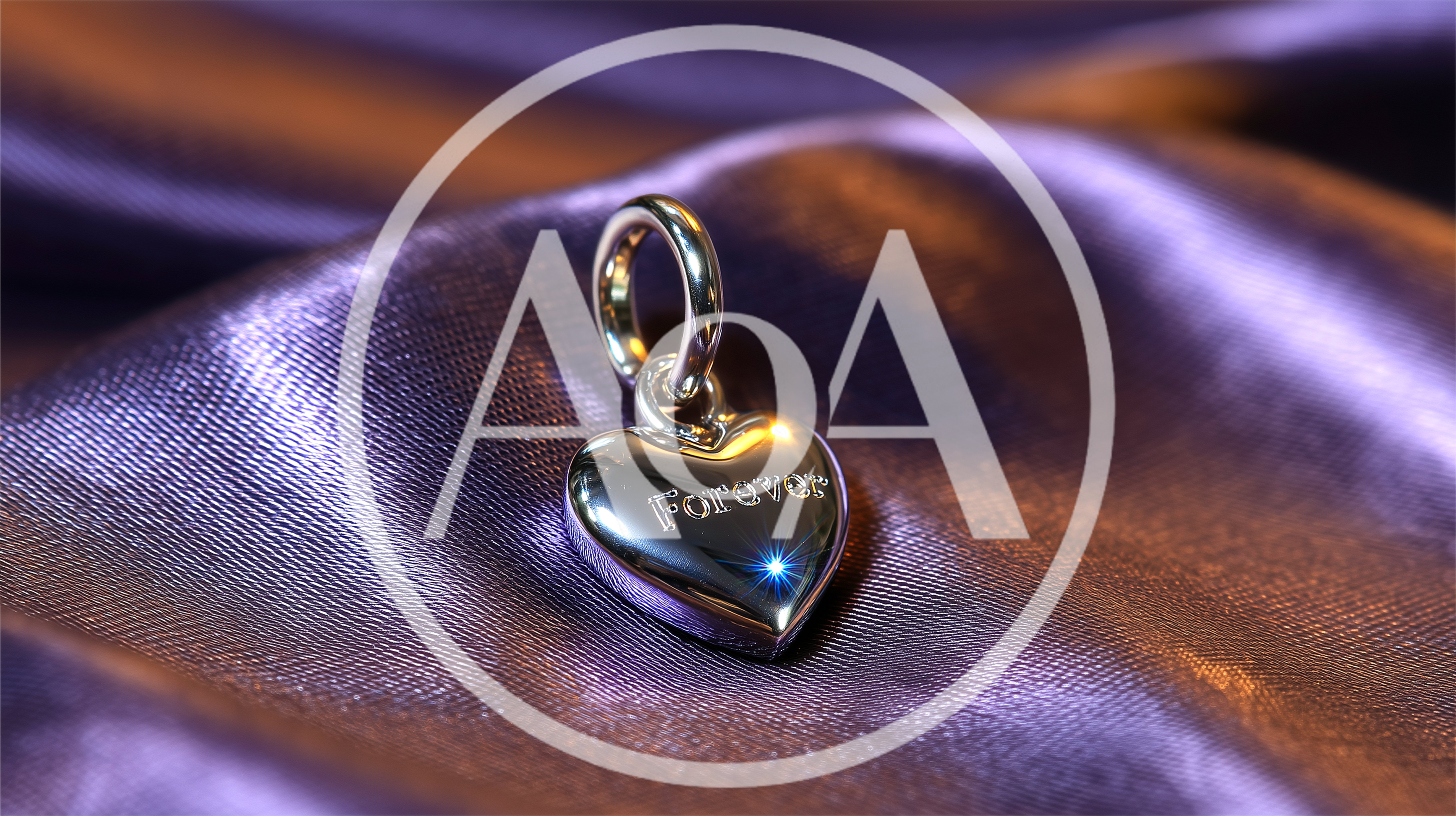 Silver Heart Pendant With Forever Engraving On Purple Silk
