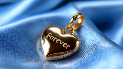 Gold Heart Pendant With Forever Engraving On Blue Silk