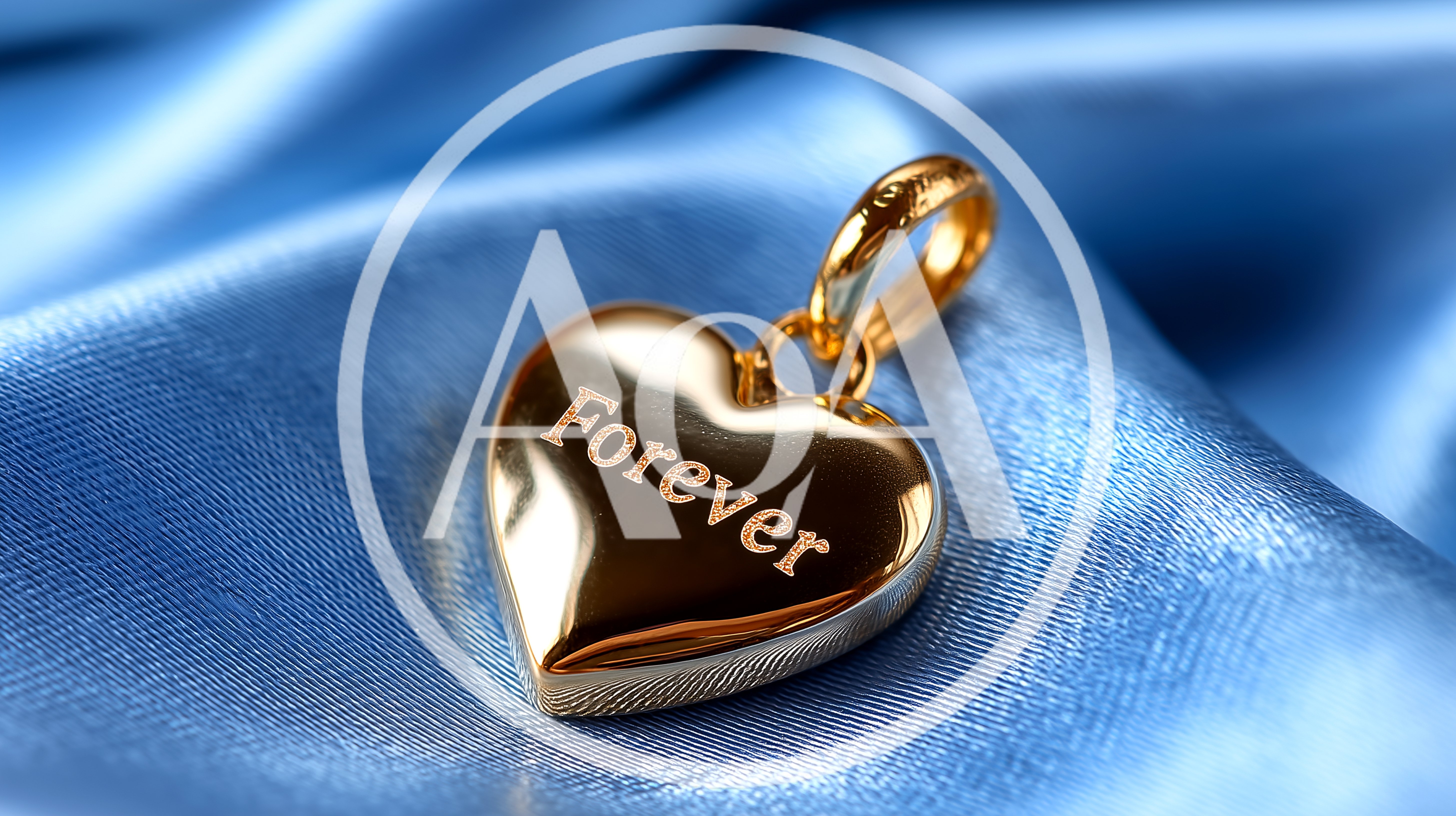 Gold Heart Pendant With Forever Engraving On Blue Silk