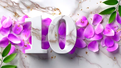 Number Ten With Purple Petals On Marble Background