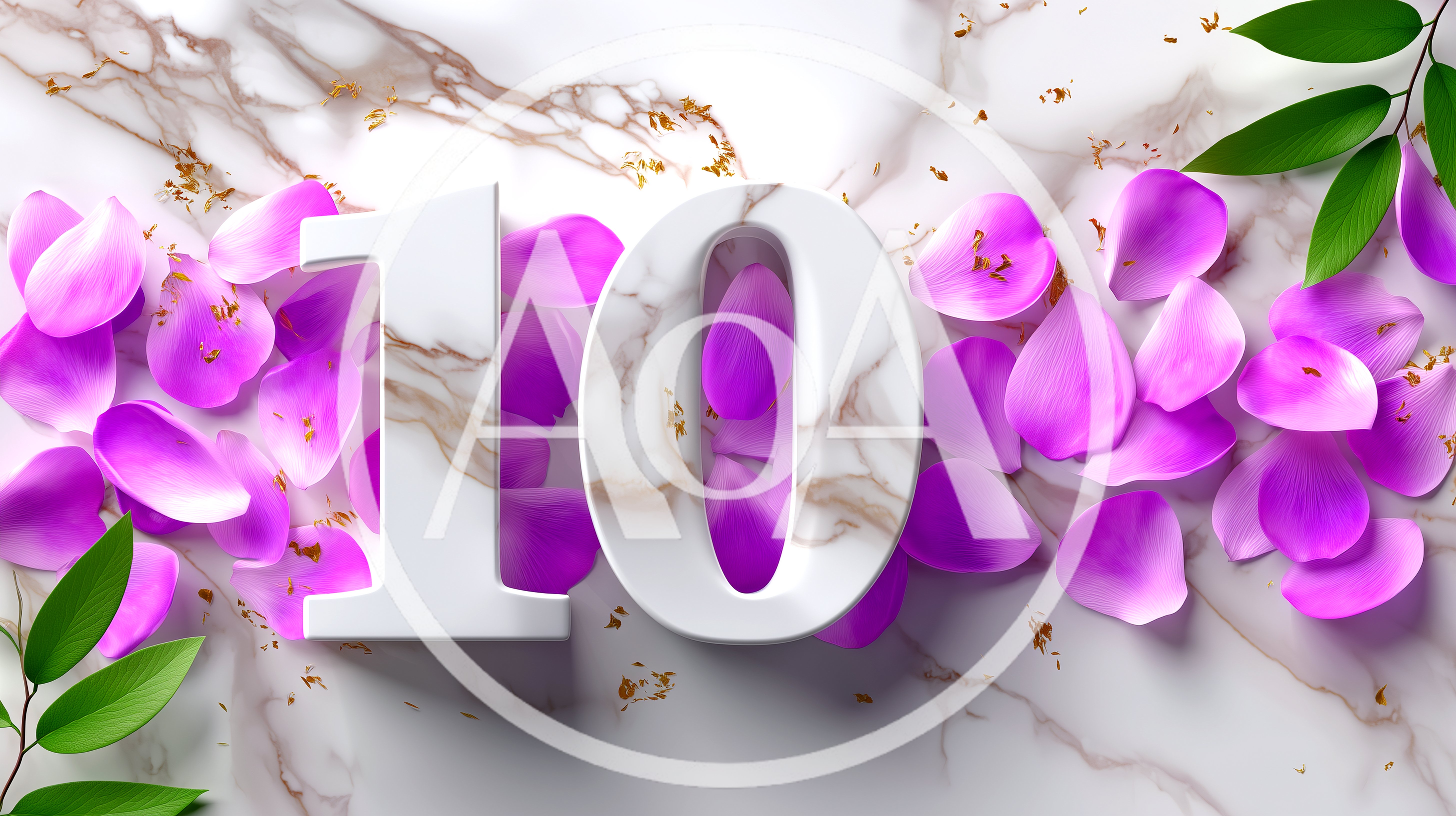 Number Ten With Purple Petals On Marble Background