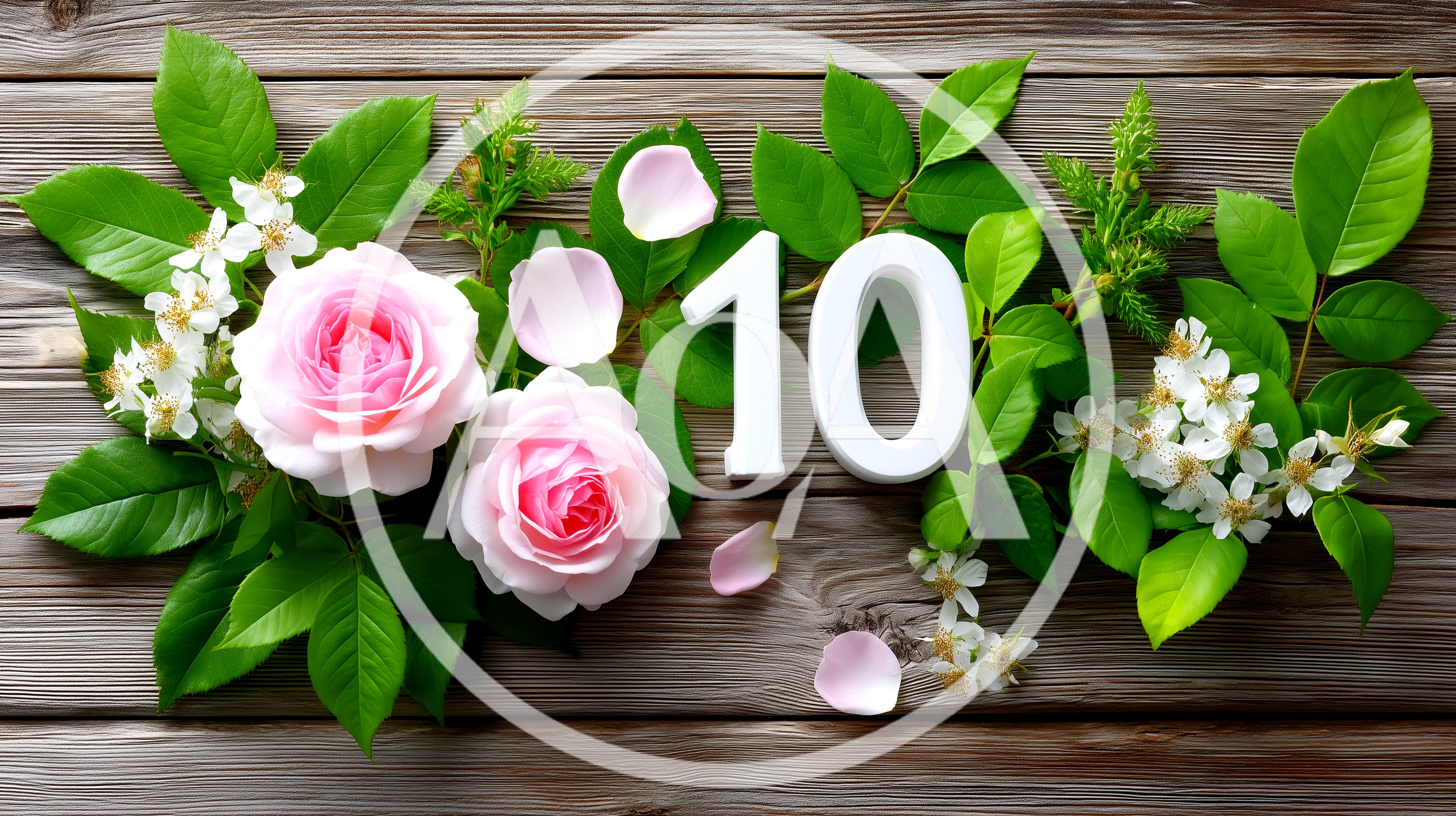 Number Ten With Pink Roses On Wooden Background