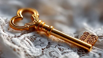 Ornate Gold Key Resting On Delicate White Lace