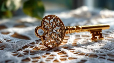 Ornate Gold Skeleton Key Resting On White Lace