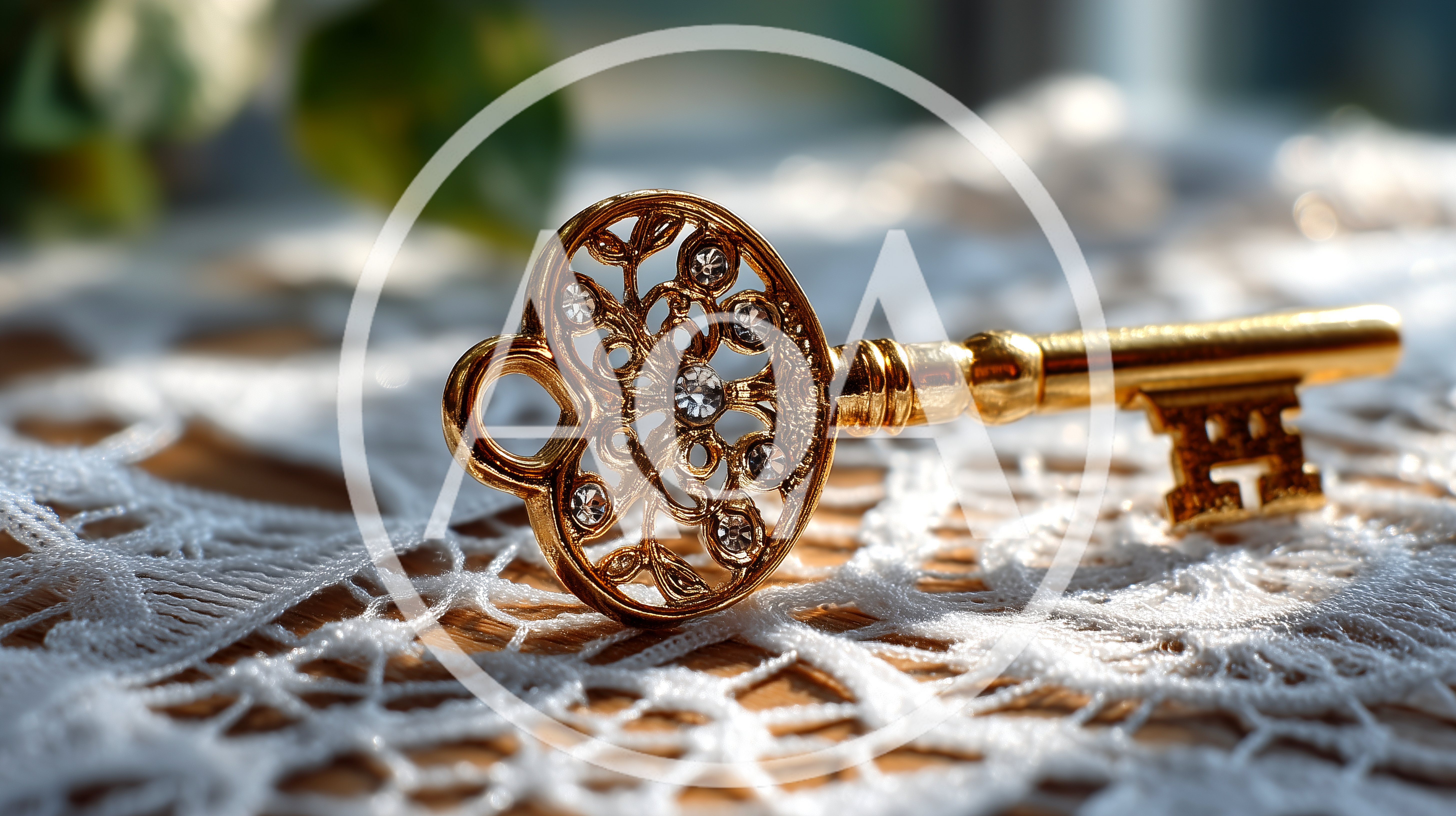 Ornate Gold Skeleton Key Resting On White Lace